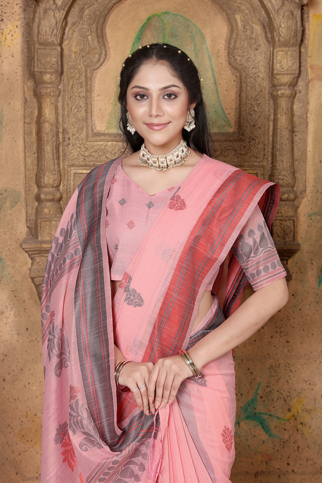 Pink Cotton Linen Saree