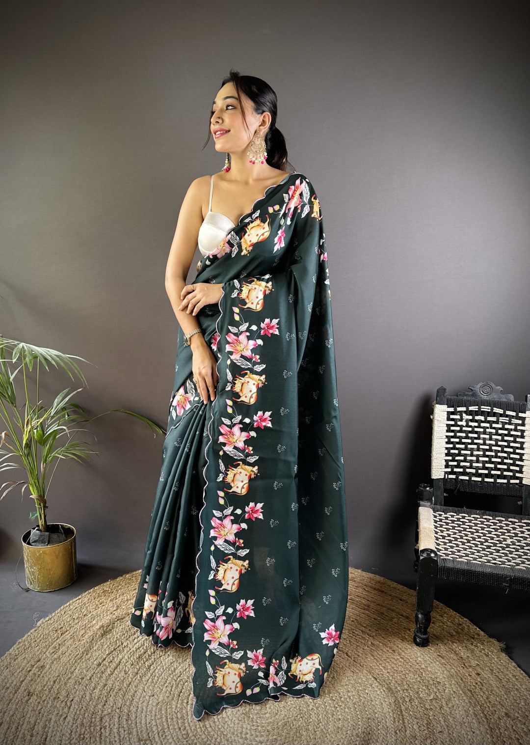 Green Gadhwal Silk Saree With Embroidery Cut Work