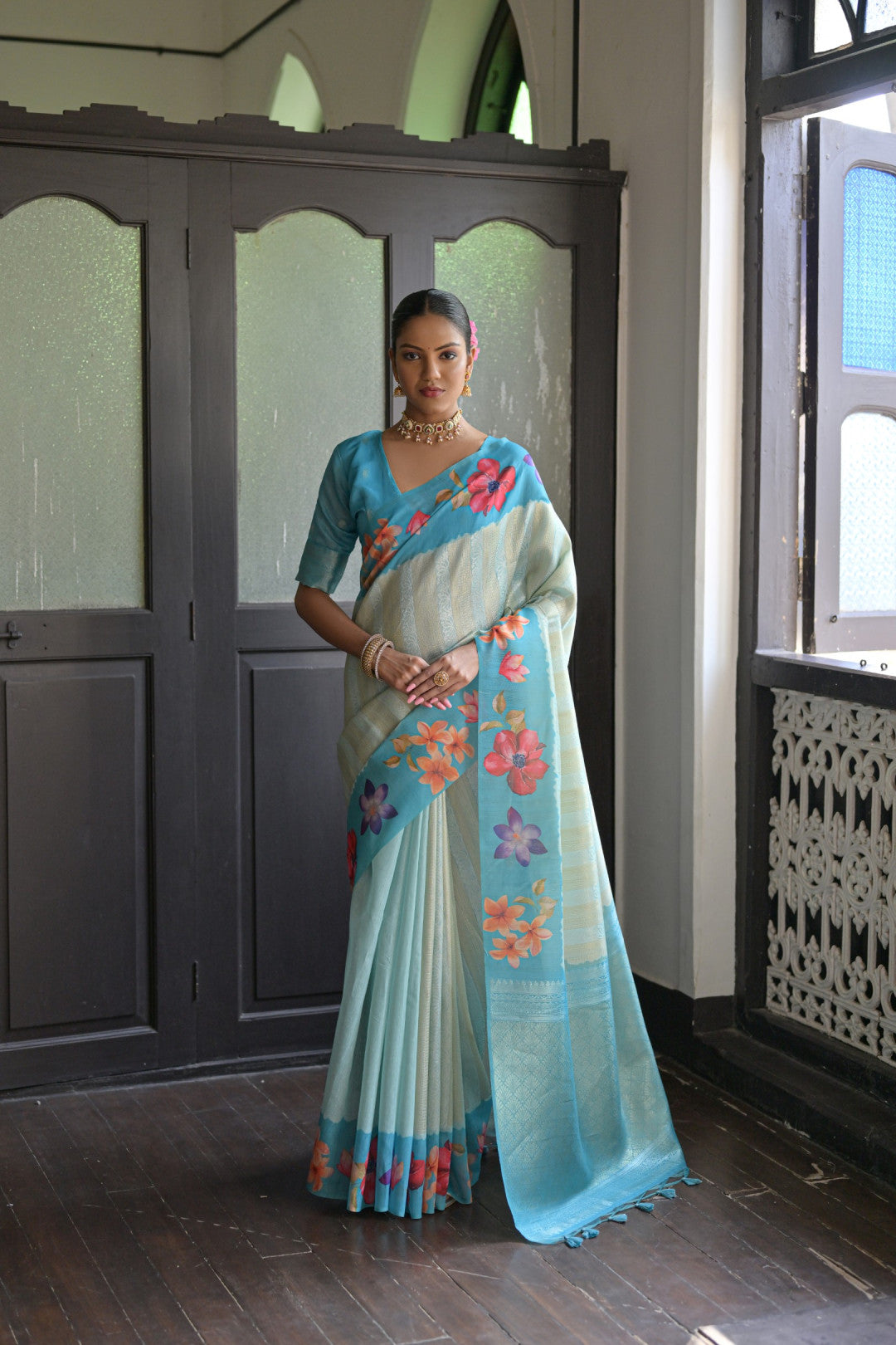 Sky Blue Floral Silk Saree With Zari Weaving