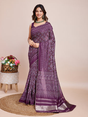 Bandhej Wine Cotton Saree