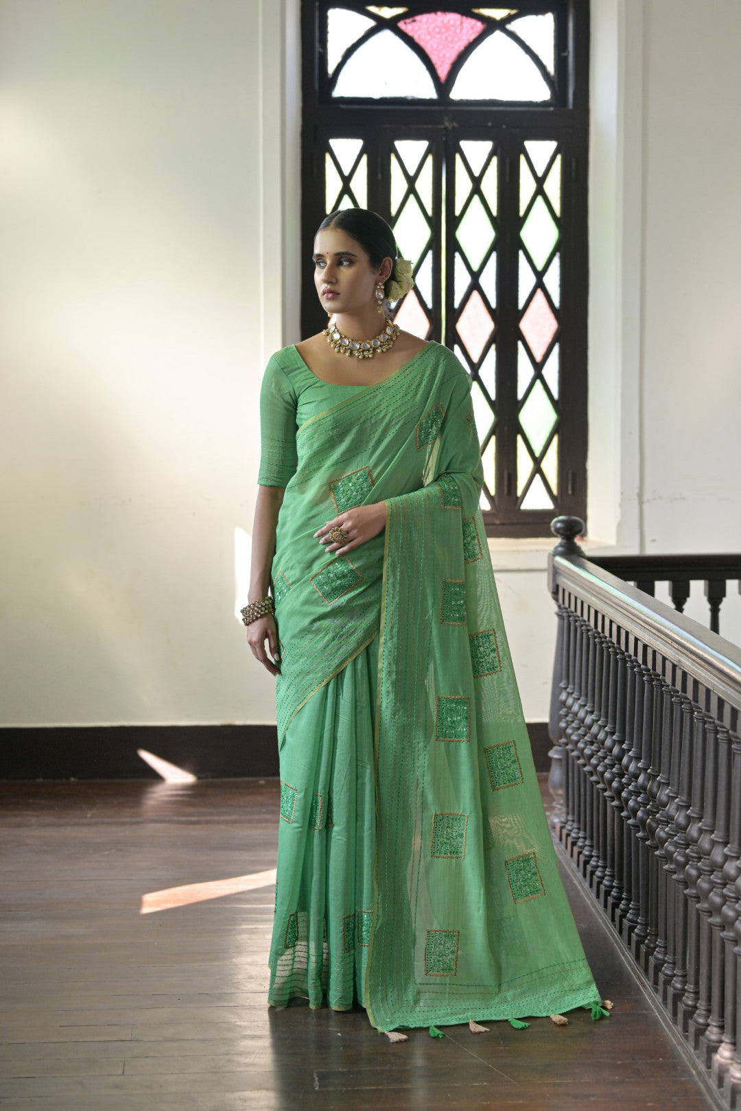 Pista Green Kantha Work Cotton Blend Saree