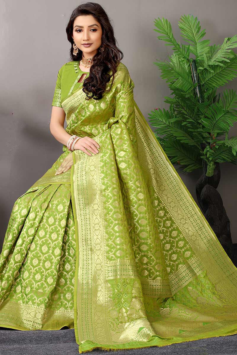 Mehndi Zari Banarasi Soft Silk Saree