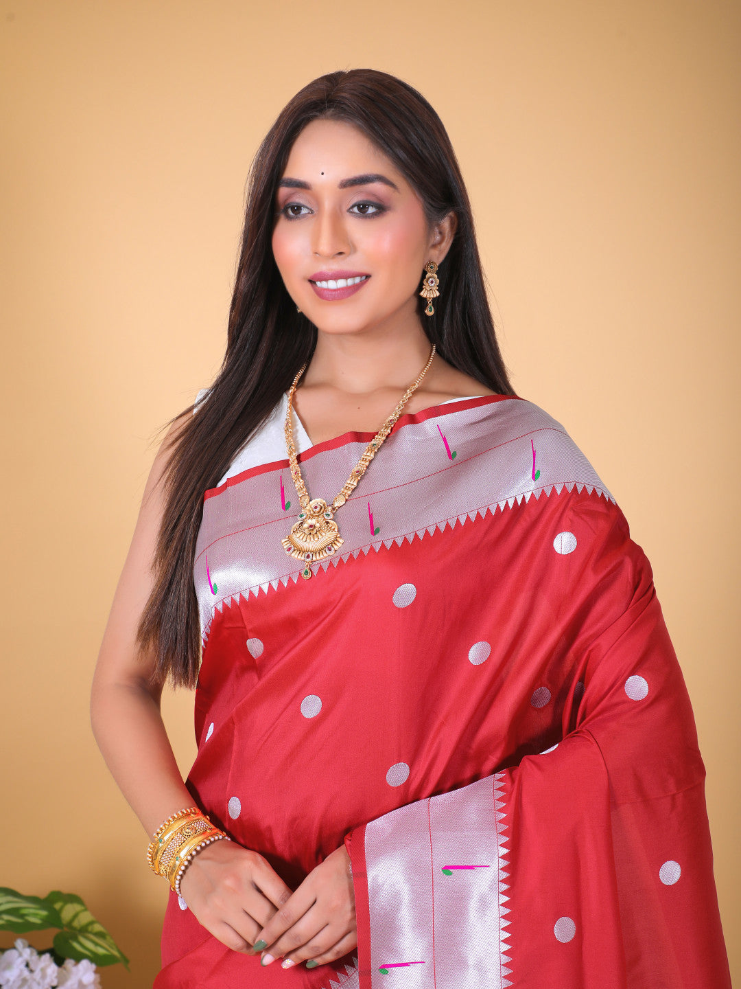 Red Dotted Soft Paithani Silk Saree