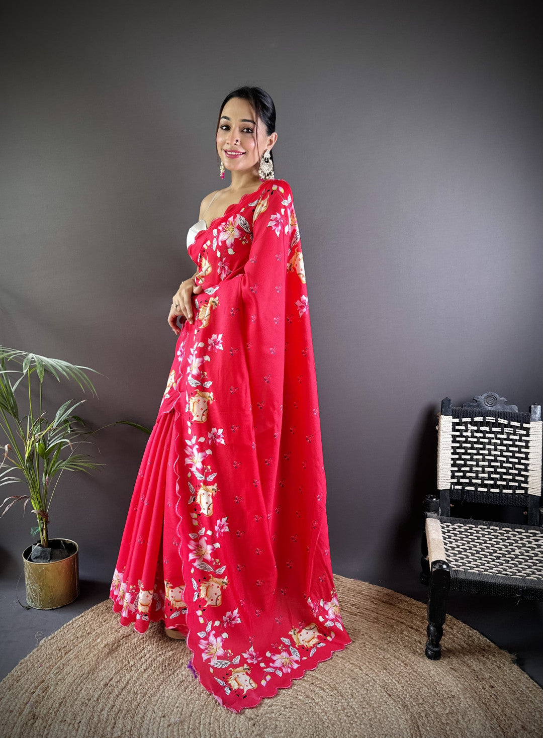 Red Gadhwal Silk Saree With Embroidery Cut Work