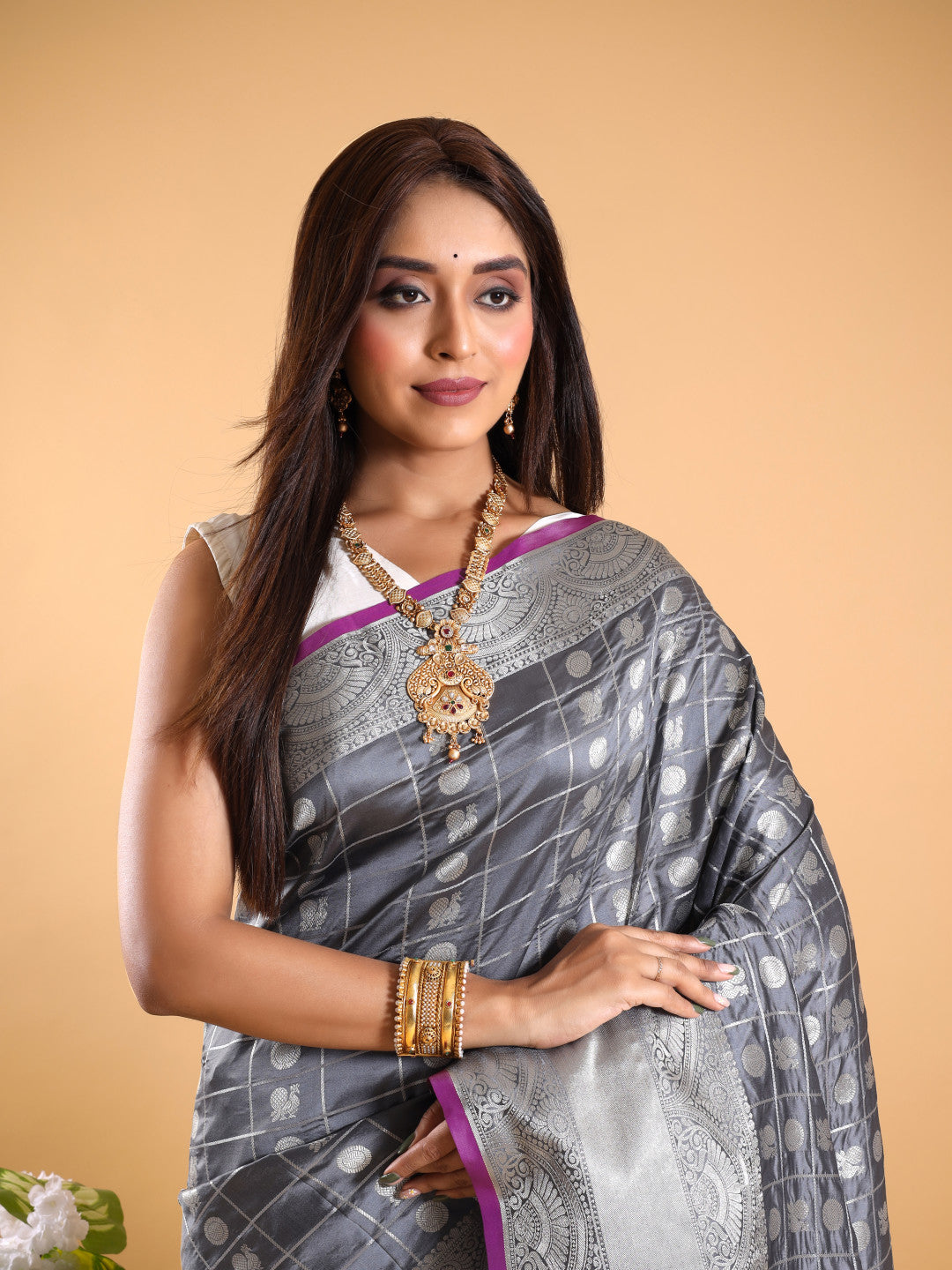 Grey Silver Zari Banarasi Silk Saree