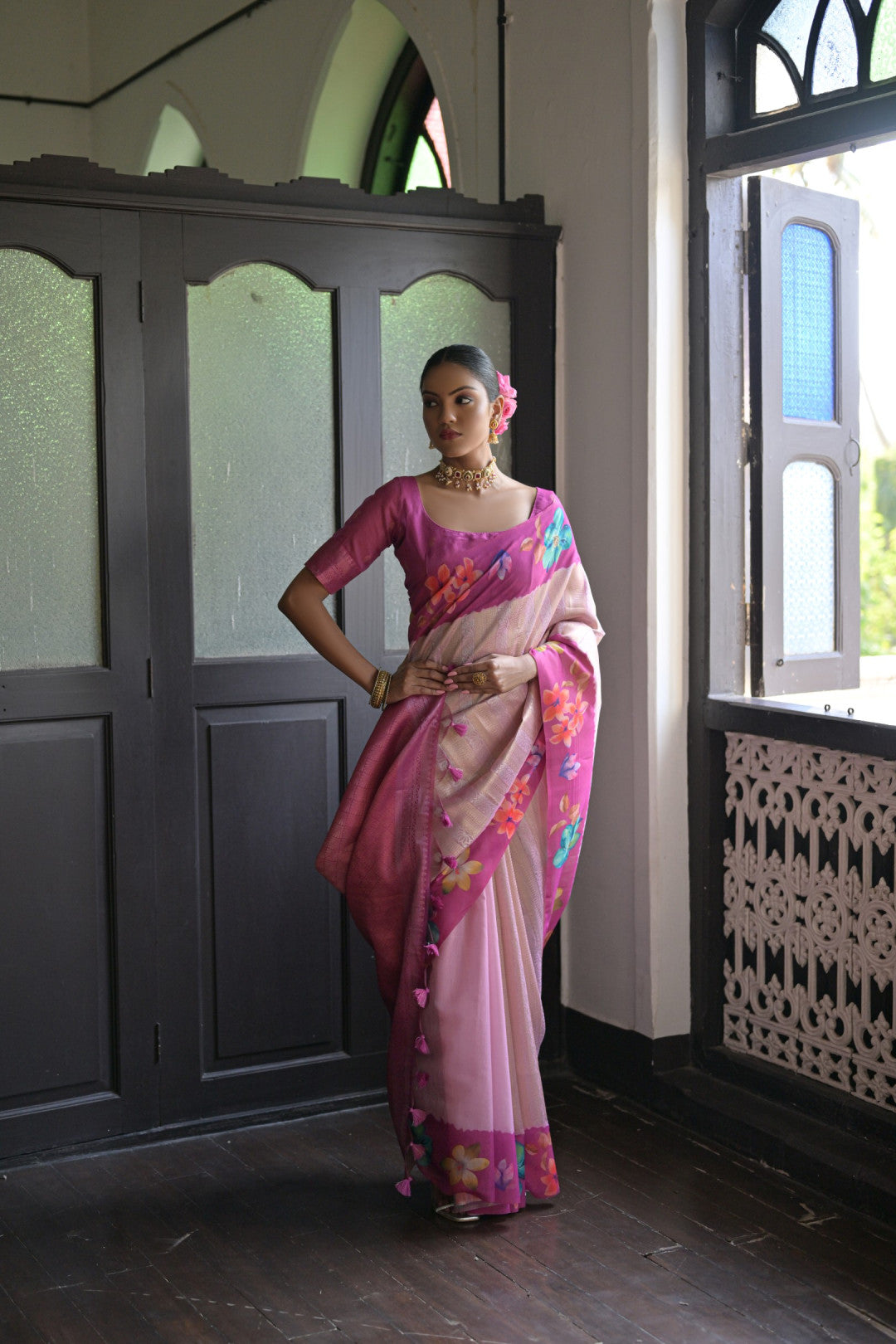 Pink Floral Silk Saree With Zari Weaving