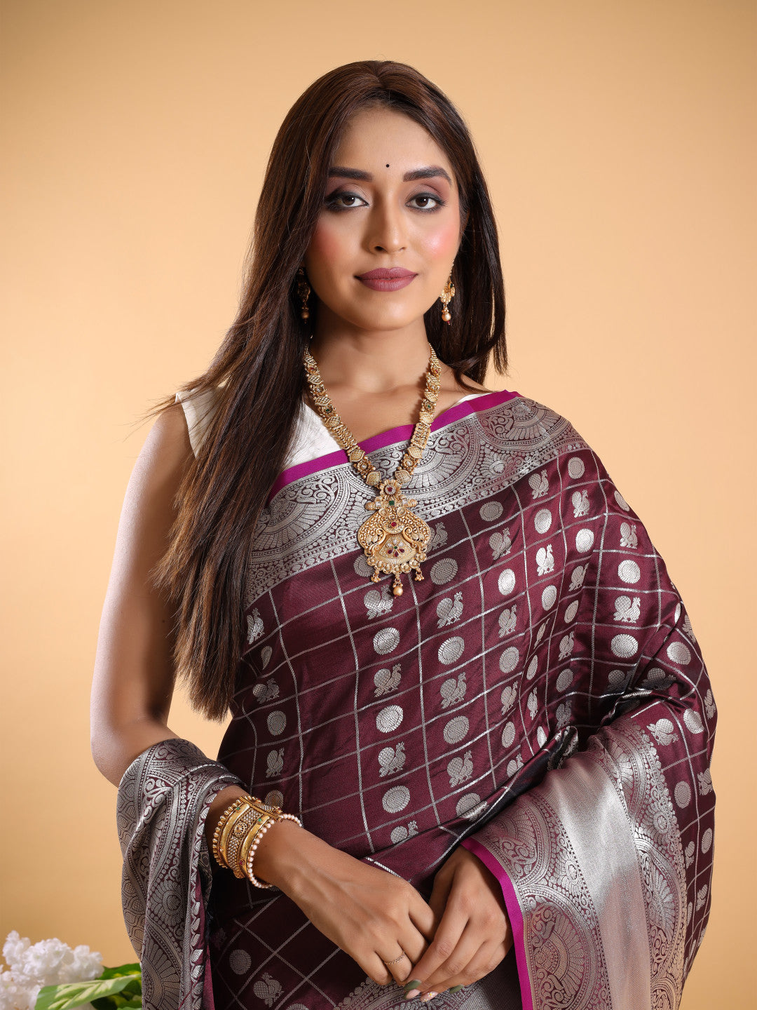 Brown Silver Zari Banarasi Silk Saree