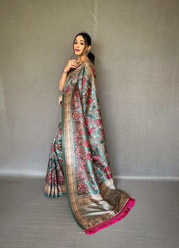 Soft Silk Saree With Kalamkari Print Bottle Green