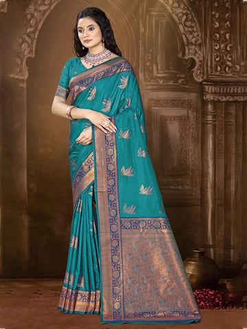 Turquoise Blue Banarasi Silk Saree