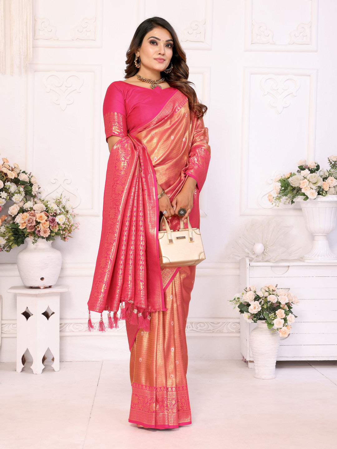 Peach Banarasi Tissue Silk Saree With Zari Weaving Work