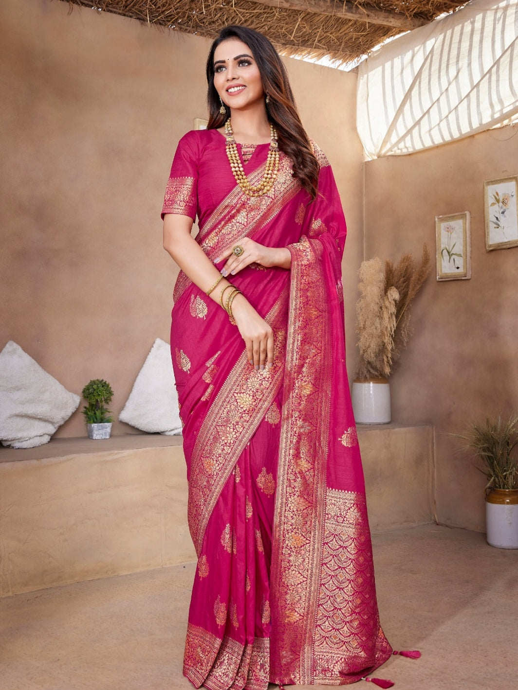 Pink Viscose Silk Saree Zari Weaved