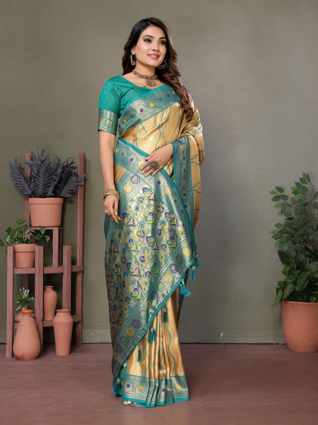 Cream Banarasi Tissue Silk Saree With Zari Weaving Work