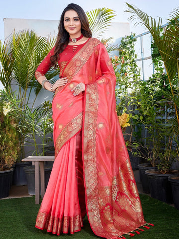 Peach Organza Silk Saree With Zari