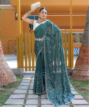 Green Pure Soft Silk Saree With Thread Handwork