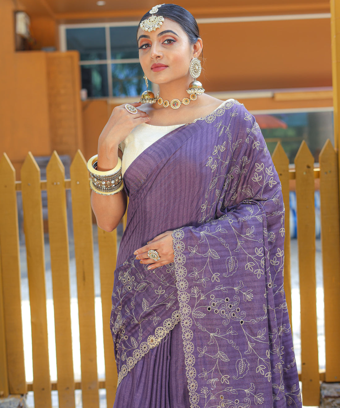 Purple Pure Soft Silk Saree With Thread Handwork