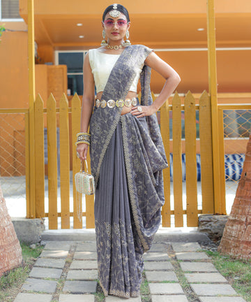 Grey Pure Soft Silk Saree With Thread Handwork