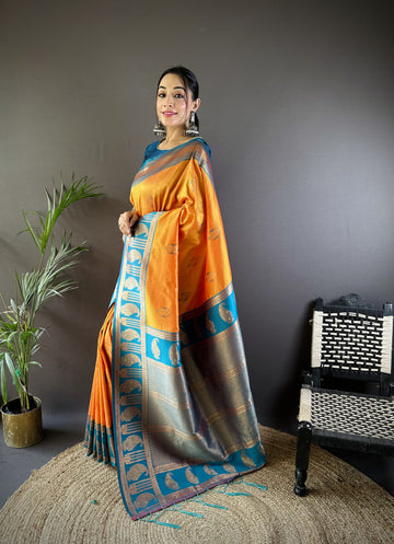 Orange Banarasi Silk Saree With Zari