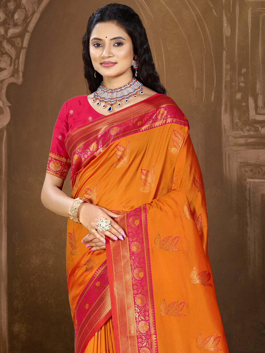 Orange Banarasi Silk Saree with blouse piece