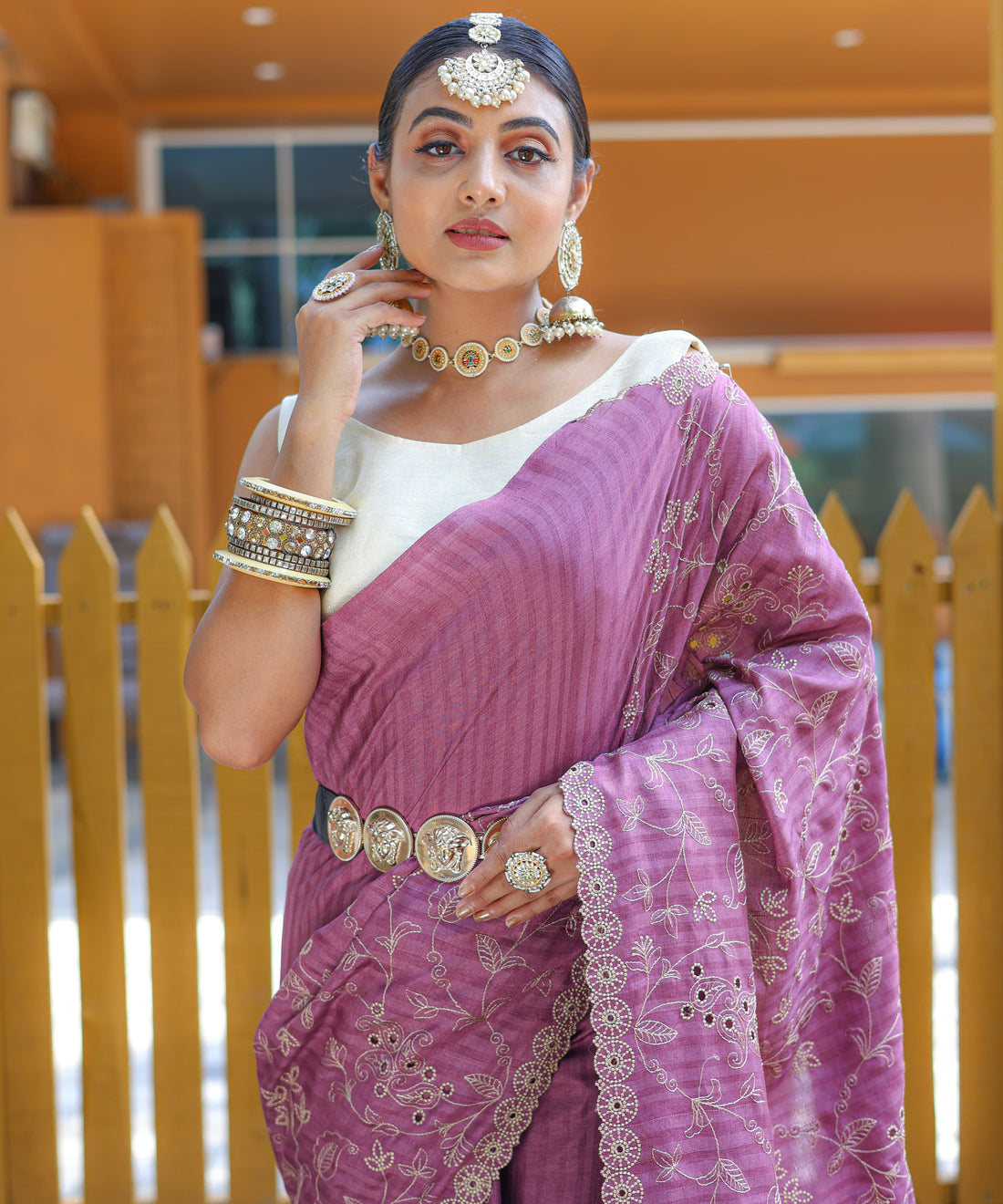 Wine Pure Soft Silk Saree With Thread Handwork