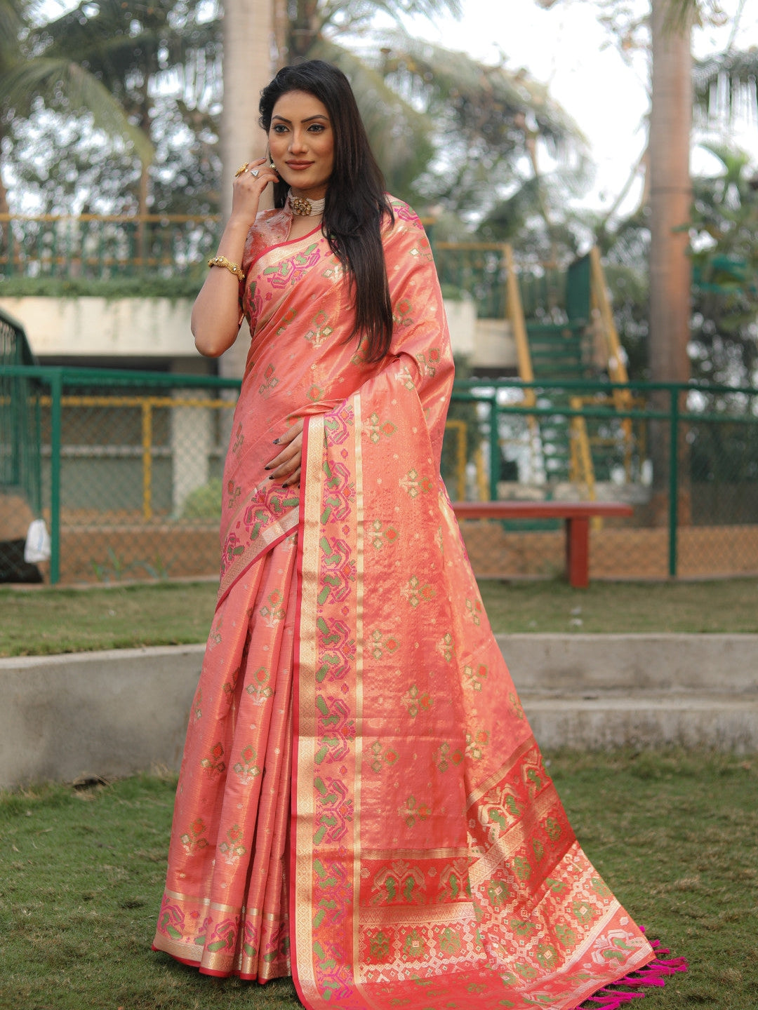 Peach Soft Organza Silk Saree