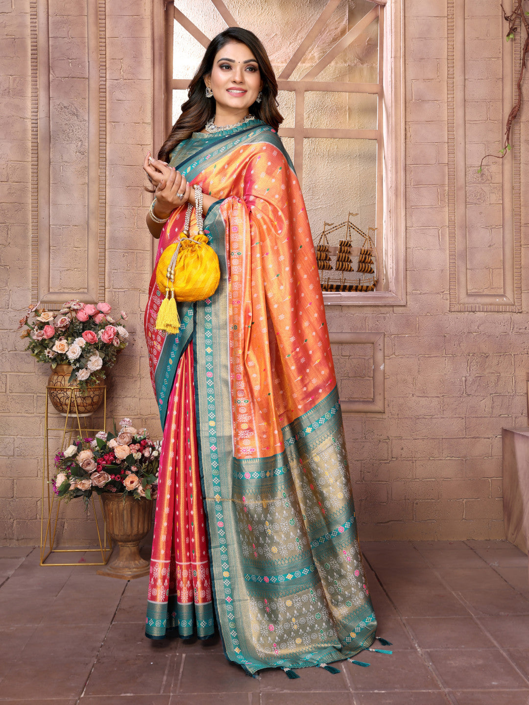 Orange Banarasi Tissue Silk Saree