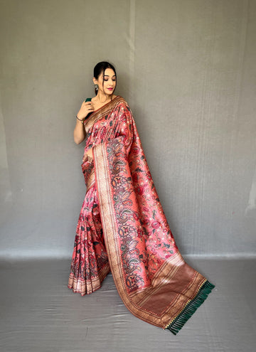 Soft Silk Saree With Kalamkari Print Pink