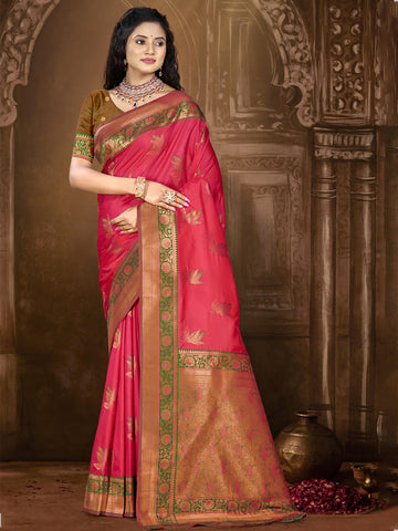 Pink Banarasi Silk Saree with blouse piece