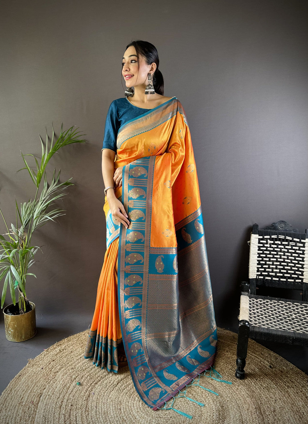 Orange Banarasi Silk Saree With Zari