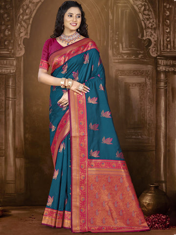 Blue Banarasi Silk Saree with blouse piece