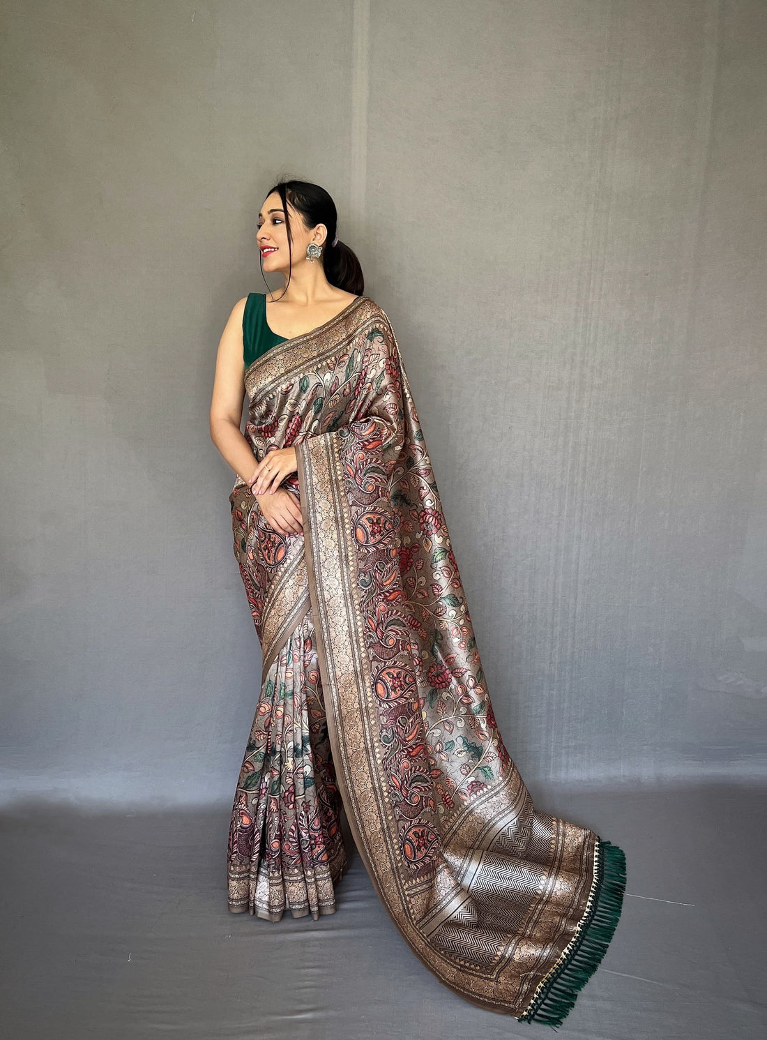 Soft Silk Saree With Kalamkari Print Brown