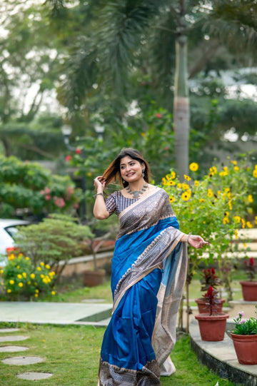 Tussur Silk Saree With Blouse Piece Blue