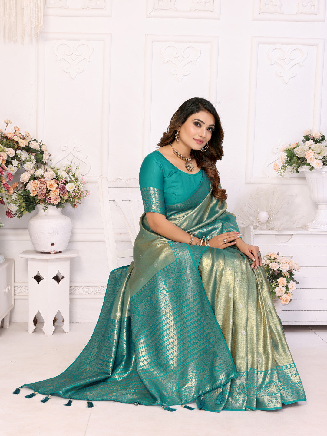 Royal Green Banarasi Tissue Silk Saree With Zari Weaving Work