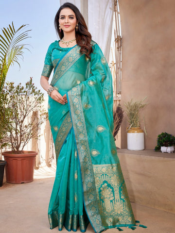 Rama Green Organza Silk Saree With Zari