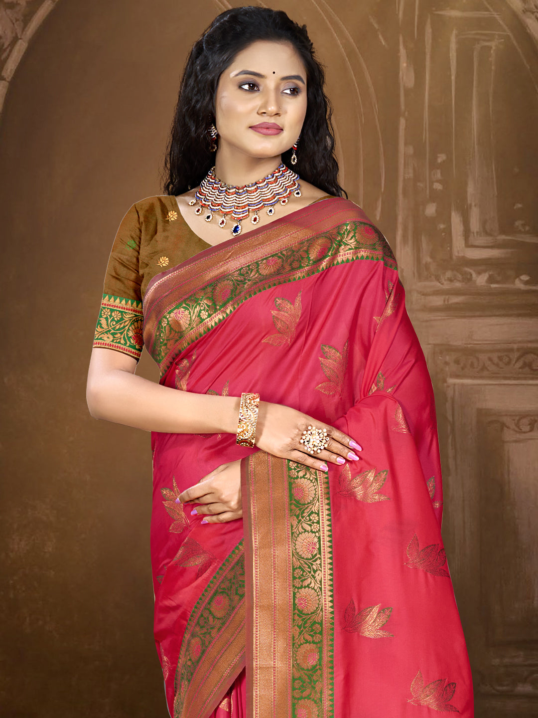 Pink Banarasi Silk Saree with blouse piece