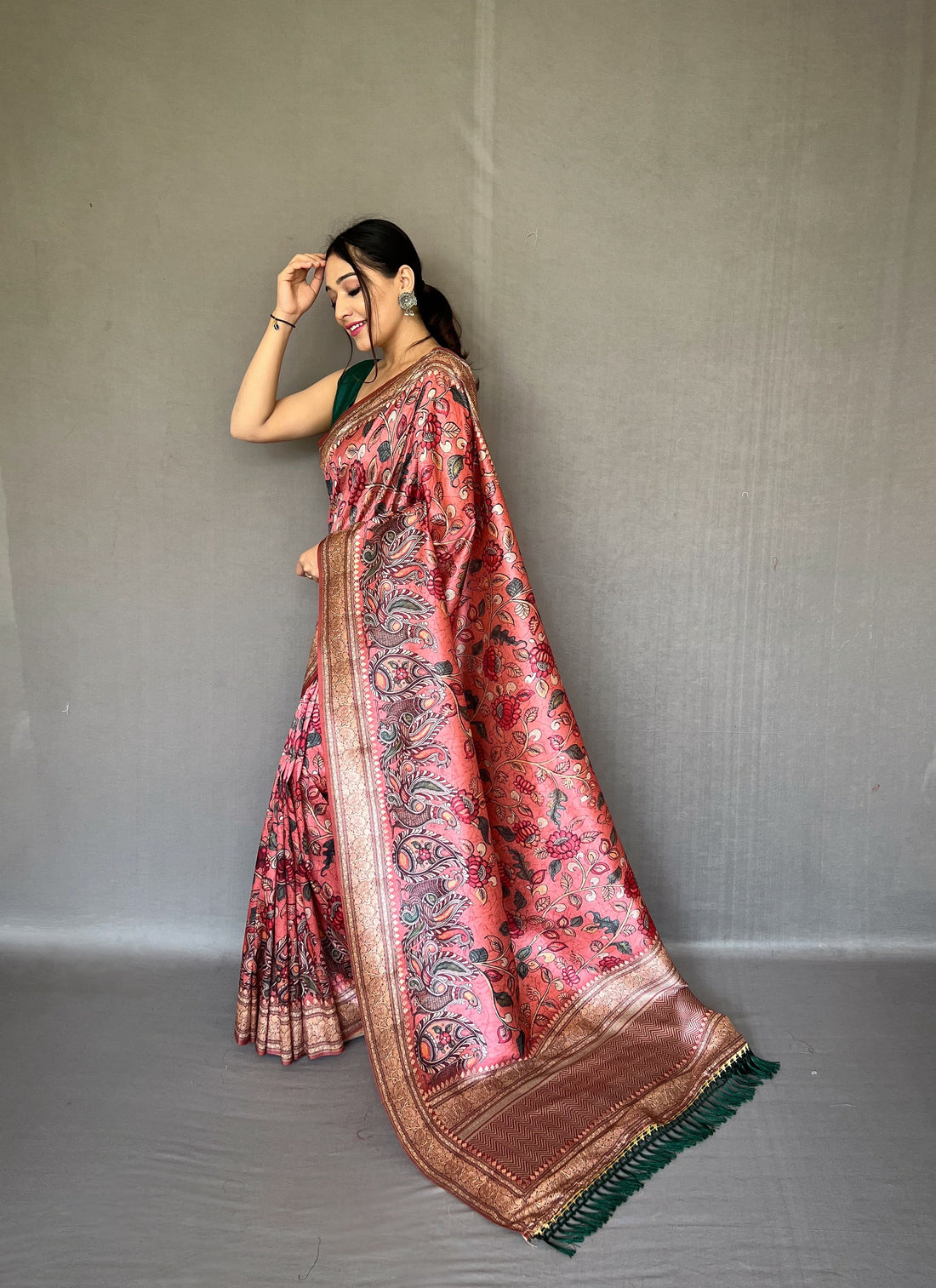 Soft Silk Saree With Kalamkari Print Pink