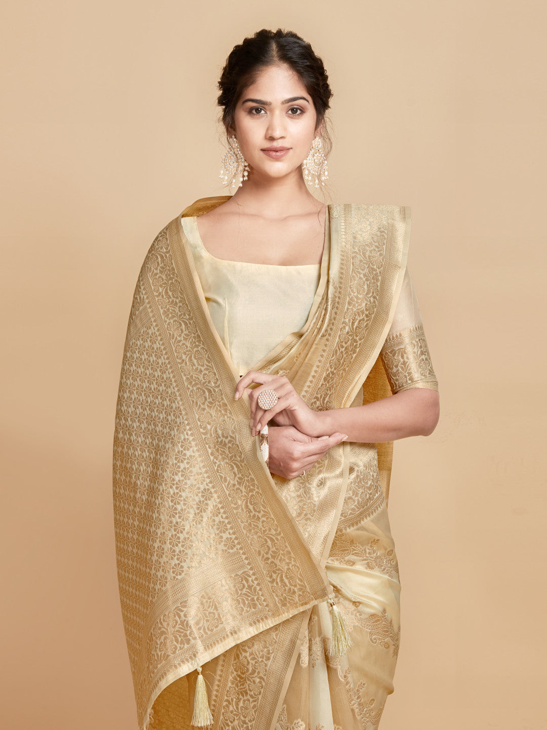 Cream Linen Silk Saree With Golden Zari