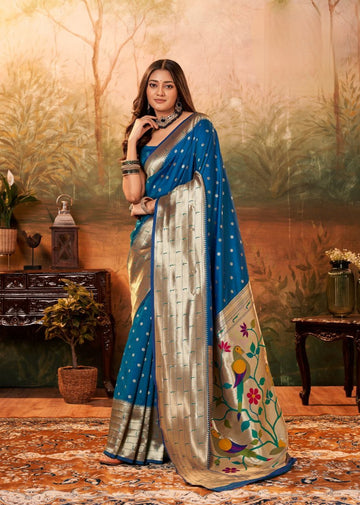 Teal Blue Pure Zari Paithani Silk Saree