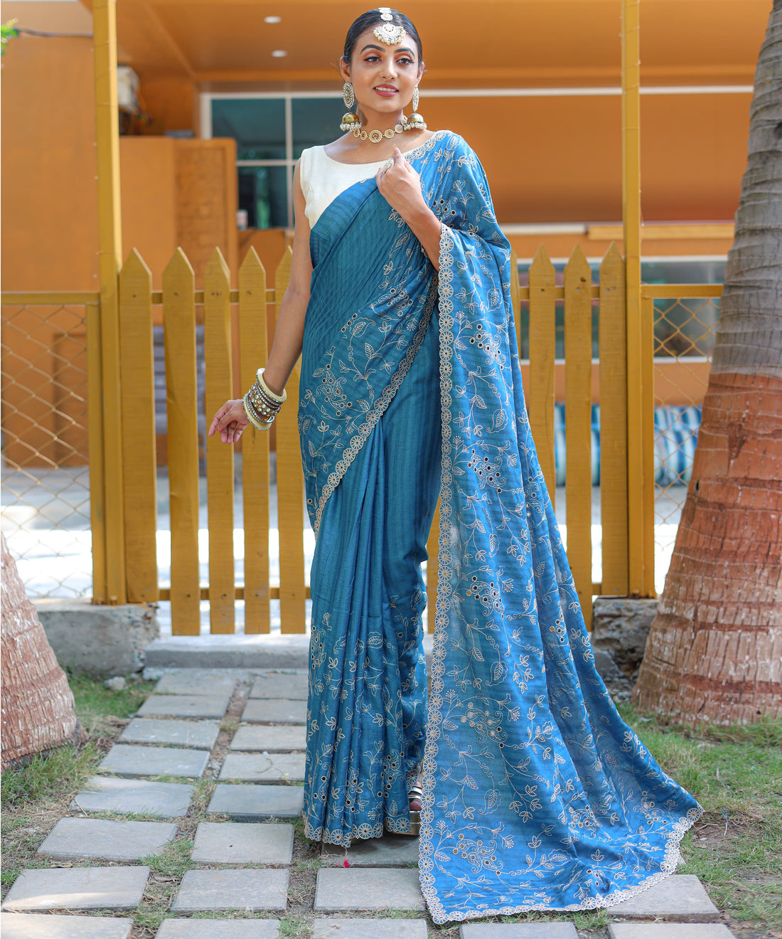 Blue Pure Soft Silk Saree With Thread Handwork