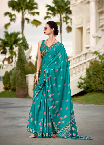 Sea Green Mal-Mal Resham Silk Saree