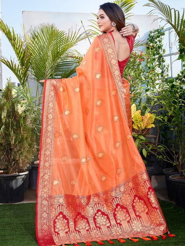 Orange Organza Silk Saree With Zari