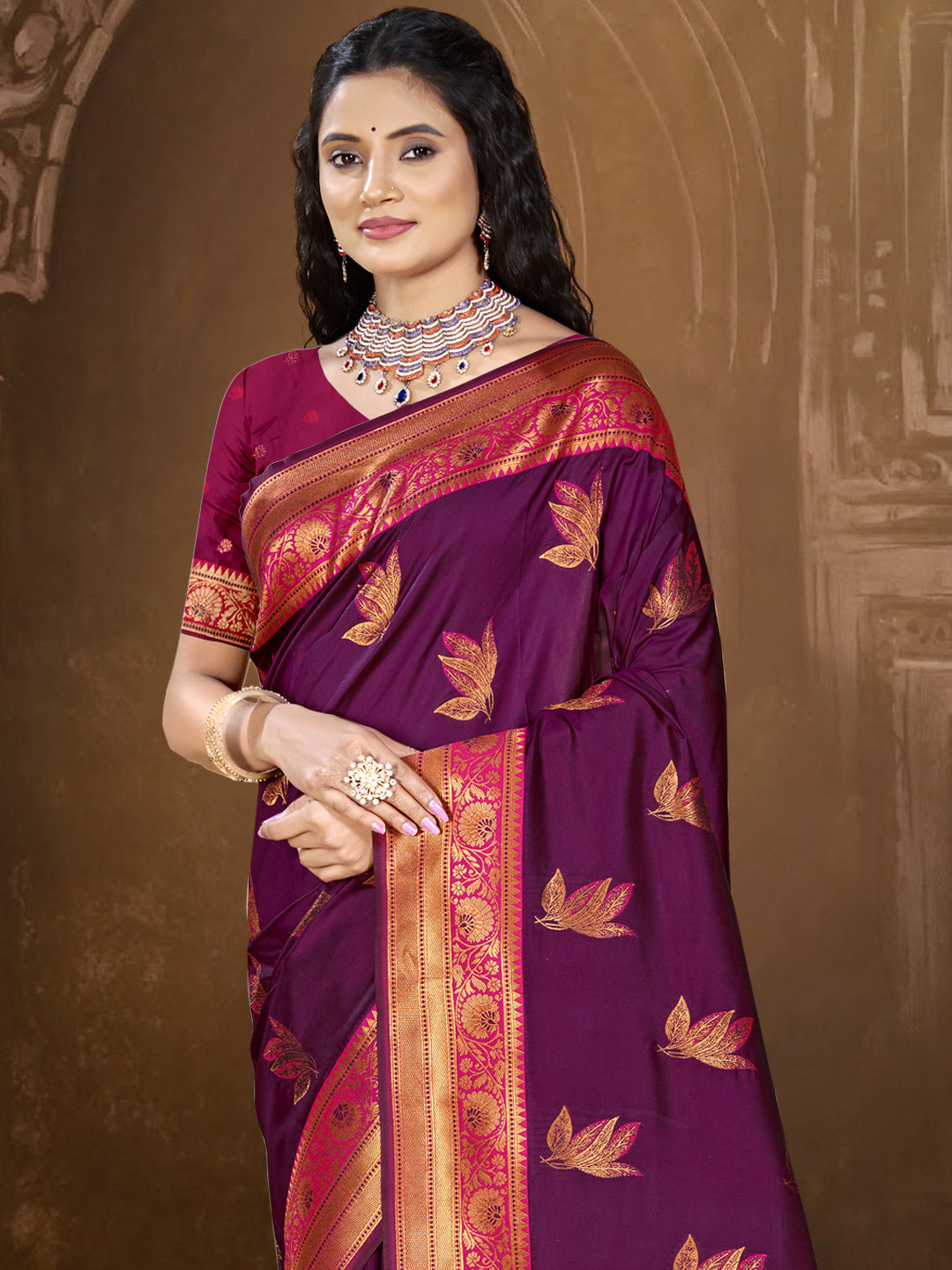 Wine Banarasi Silk Saree with Zari