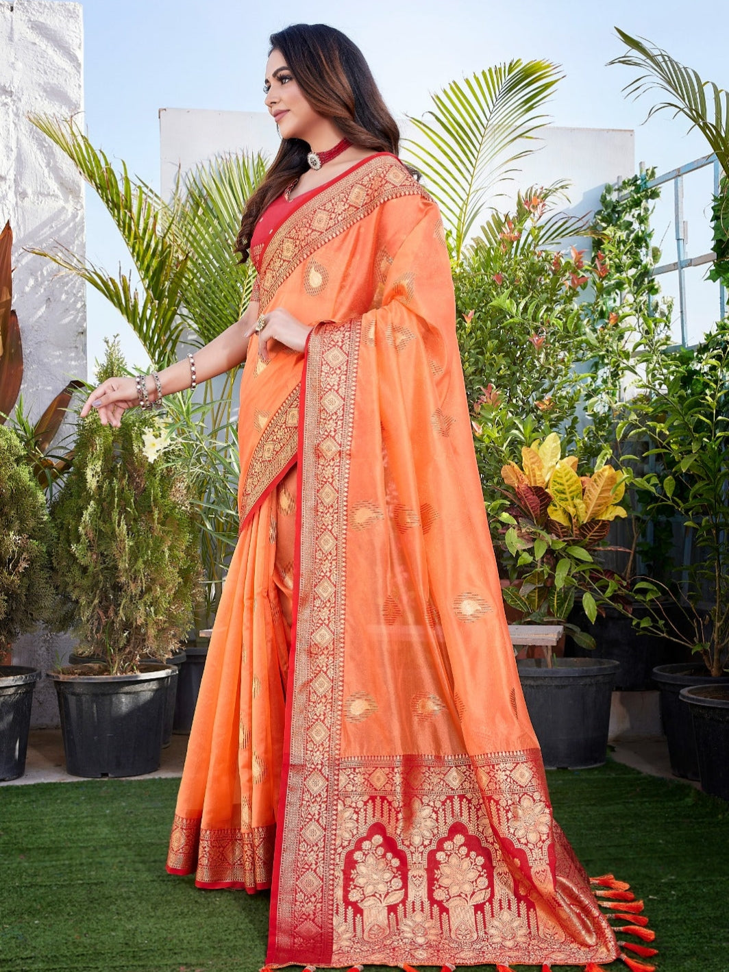 Orange Organza Silk Saree With Zari