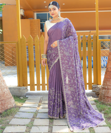 Purple Pure Soft Silk Saree With Thread Handwork