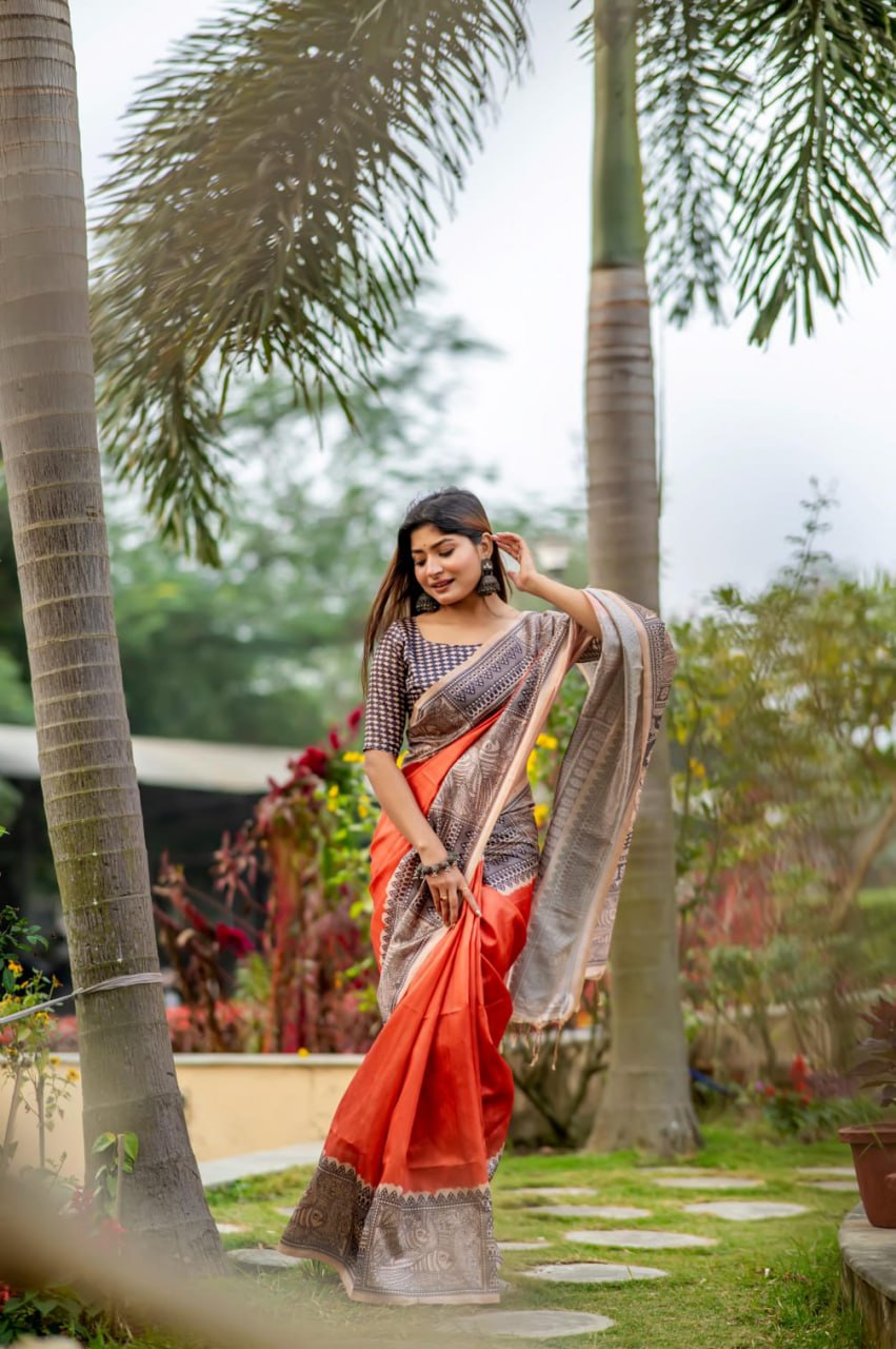 Tussur Silk Saree With Blouse Piece Orange