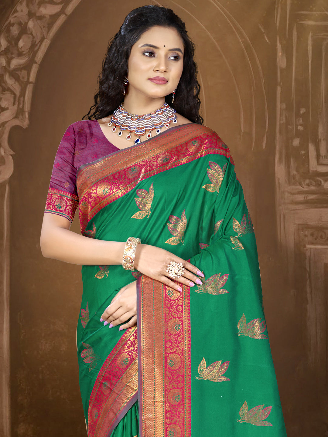 Green Banarasi Silk Saree with blouse piece