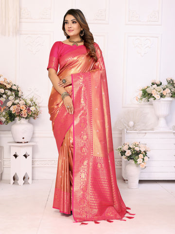 Peach Banarasi Tissue Silk Saree With Zari Weaving Work