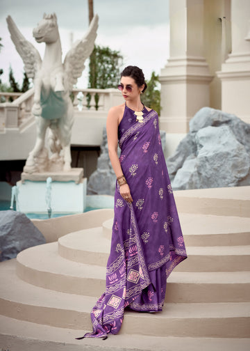 Purple Mal-Mal Resham Silk Saree