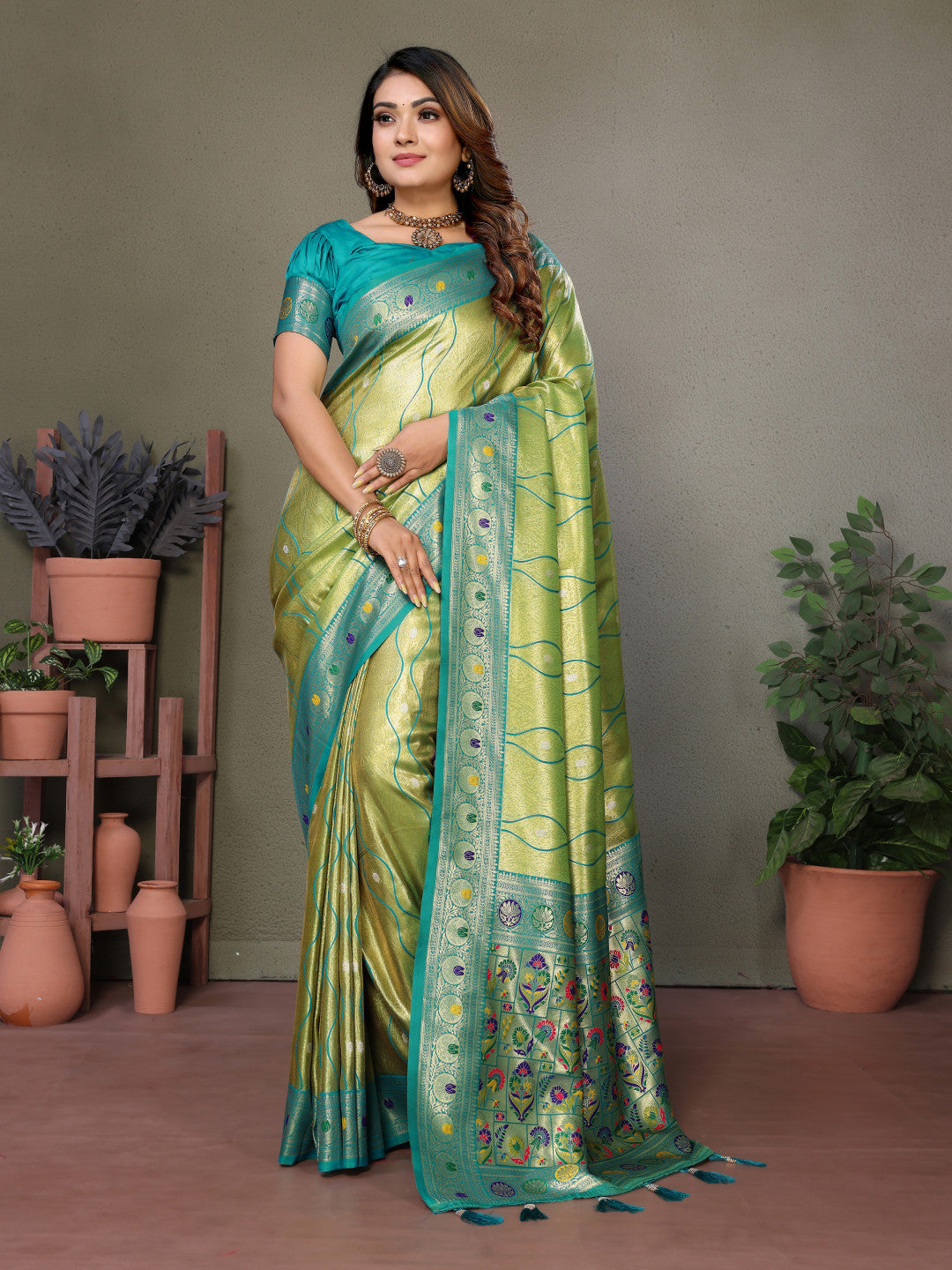 Mehndi Banarasi Tissue Silk Saree With Zari Weaving Work