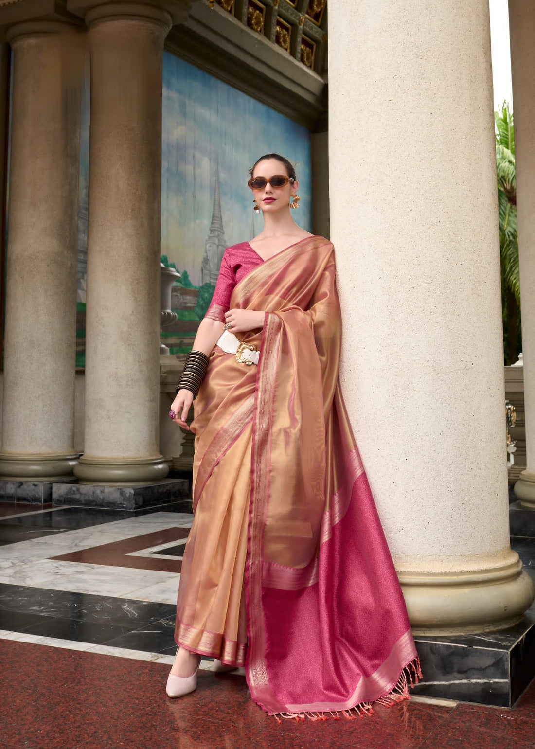 Copper Pink Pure Tissue Designer Saree