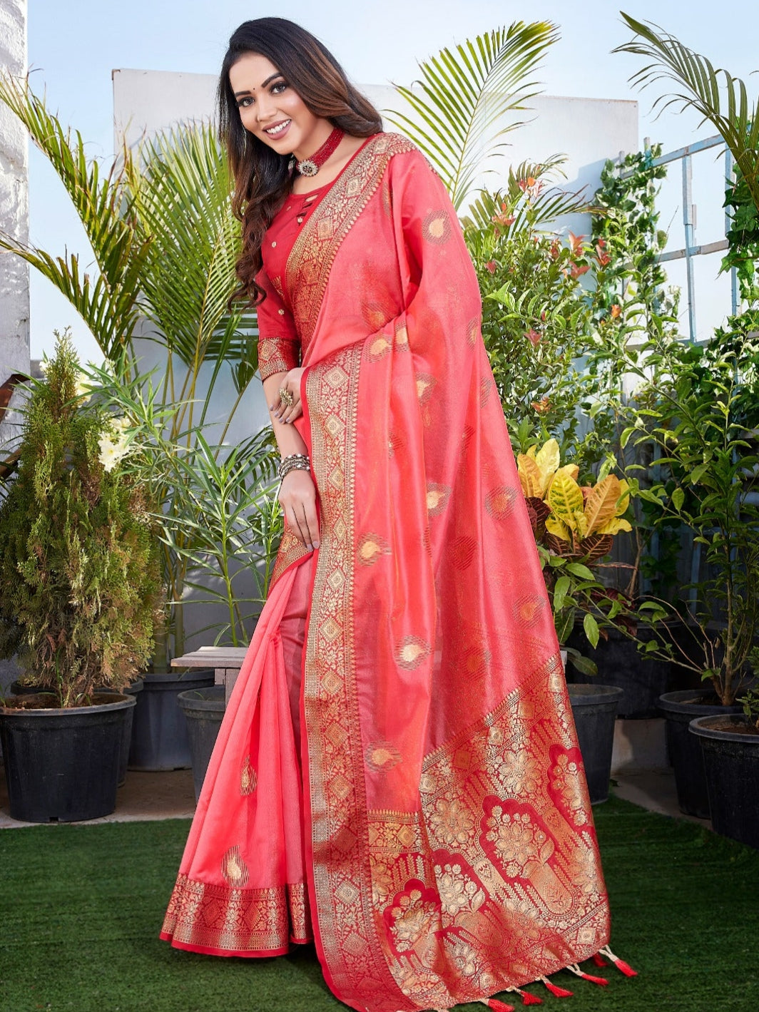 Peach Organza Silk Saree With Zari